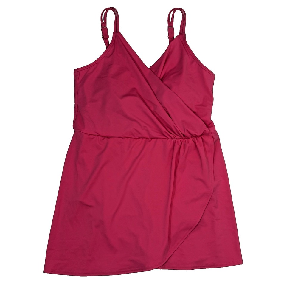 Lands End Swim Dress Swimsuit Tank Romper Women L 14 16 Hot Pink Modest Athletic